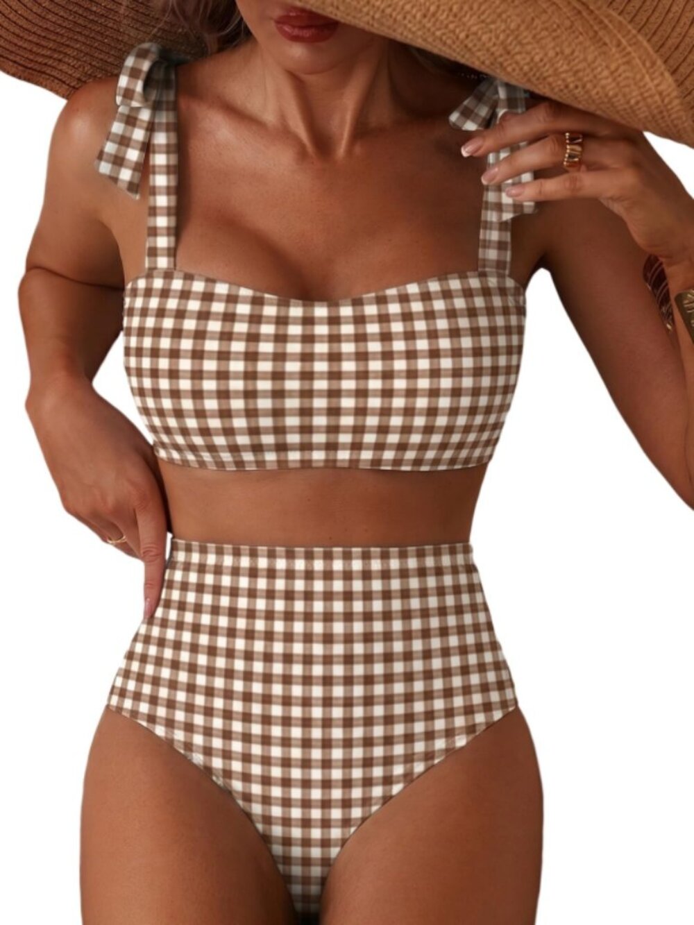 Womens Bikini Sets 2 Piece Shoulder Strap Knot Gingham Swimsuit